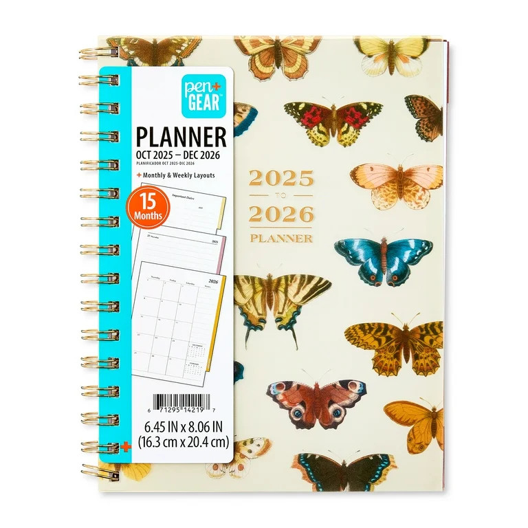Pen+Gear 15-Month Monthly Planner, 6.45" x 8.06", Multicolor Butterfly, October 2025-December 202... | Walmart (US)