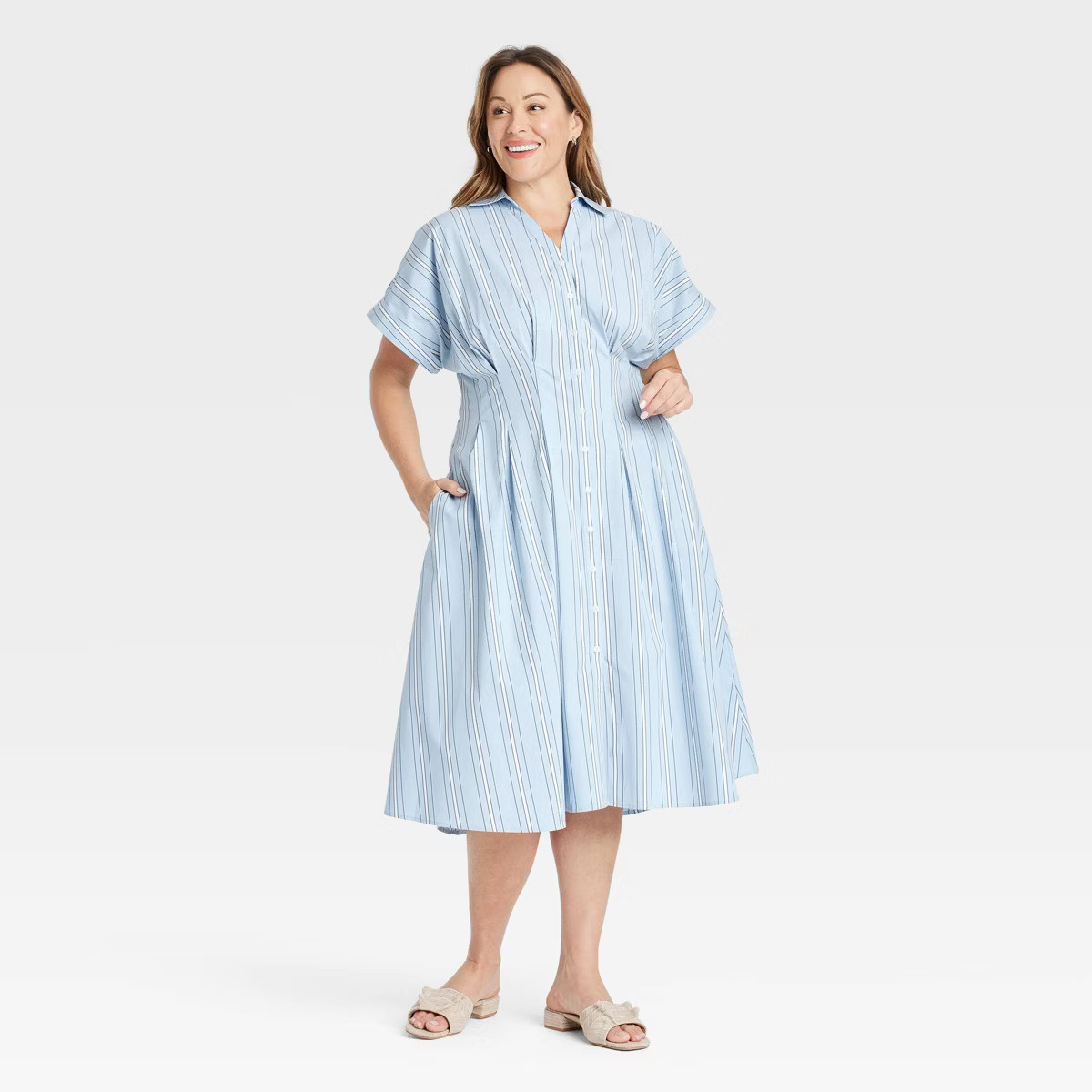 Women's Short Sleeve Pleated Midi Shirtdress - Ava & Viv™ | Target