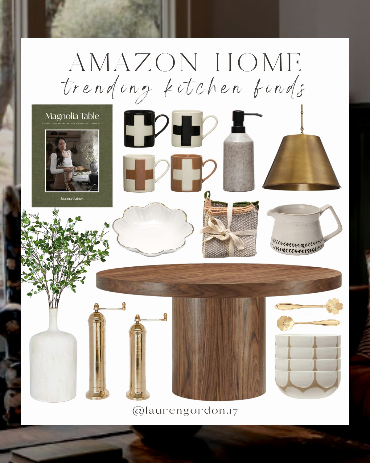 gold spoons, pendant, lighting, magnolia table cookbook, white vase, coffee mug, cottage home dec... | Amazon (US)