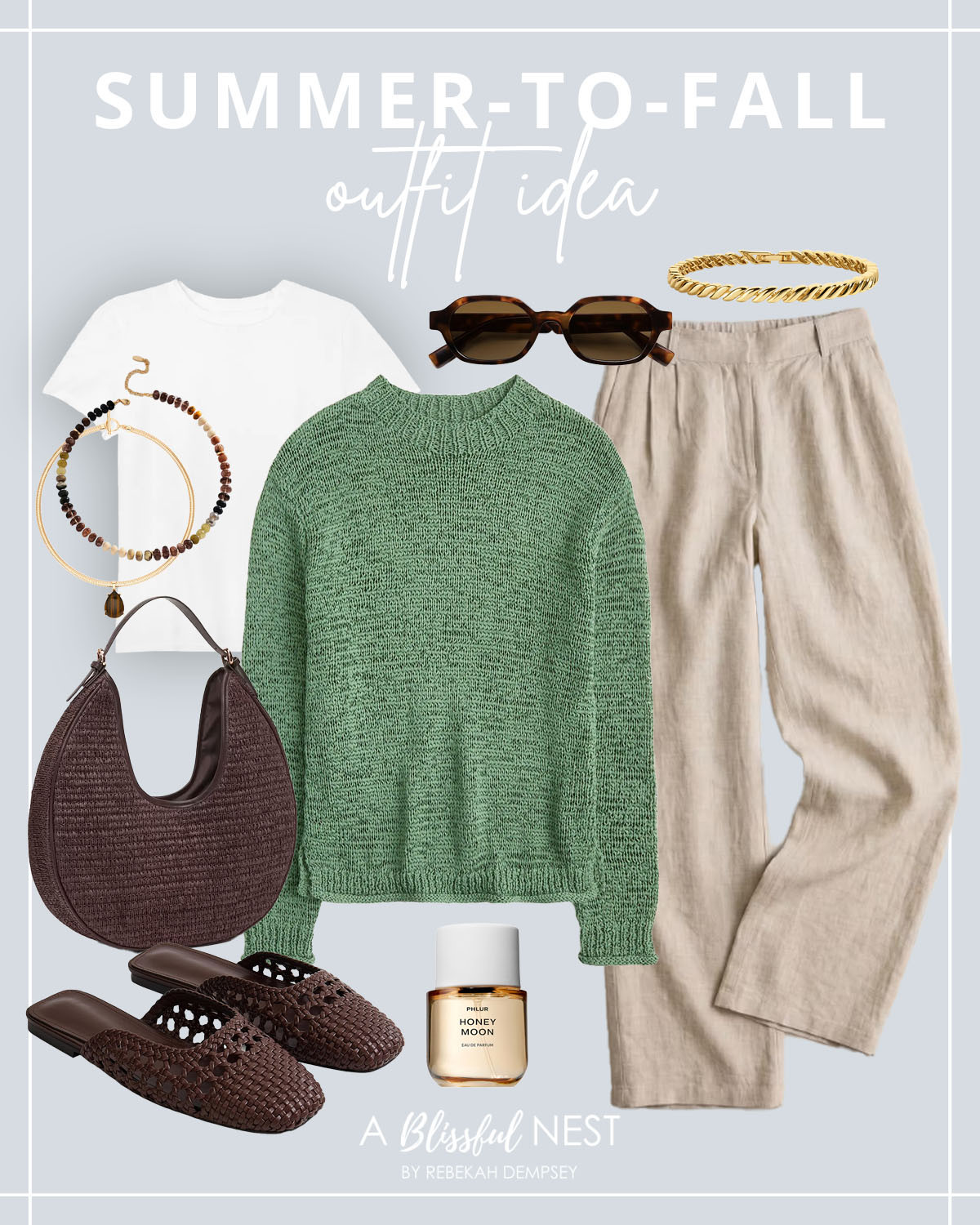 Transition your wardrobe from sunny days to crisp fall mornings with this effortless look. Tap to shop.

White t-shirt, beaded necklace, woven crossbody bag, green knit sweater, tortoise sunglasses, gold bangle bracelet, linen trousers, Phlur perfume, and woven leather mules. 

 #LTKootd #LTKSeasonal #LTKMidsize