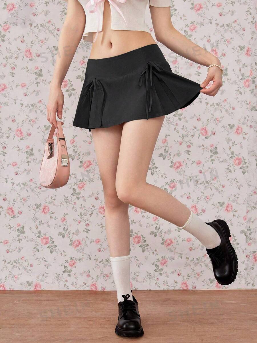 SHEIN Sweetro Women Solid Color Lace-Up Minimalist A-Line Skirt, Casual Daily Wear | SHEIN