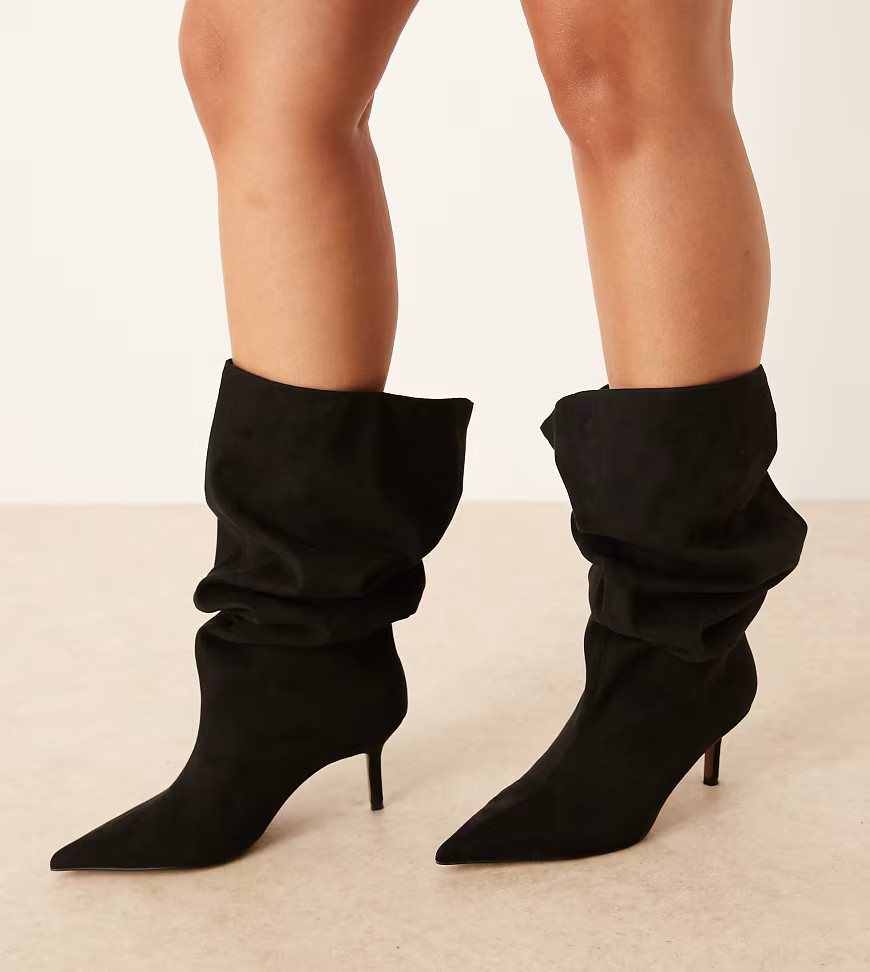 ASOS DESIGN Curve Cydney slouch pull on knee boots in black suedette | ASOS (Global)