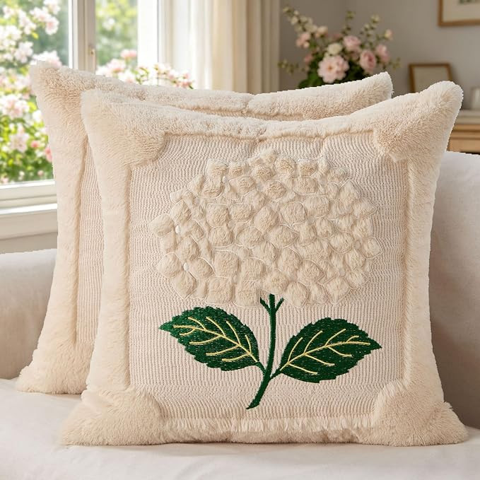 Spring Summer Pillow Covers 18x18 inch Set of 2 SpringSummer Decor White Beige Hydrangea Soft Plu... | Amazon (US)