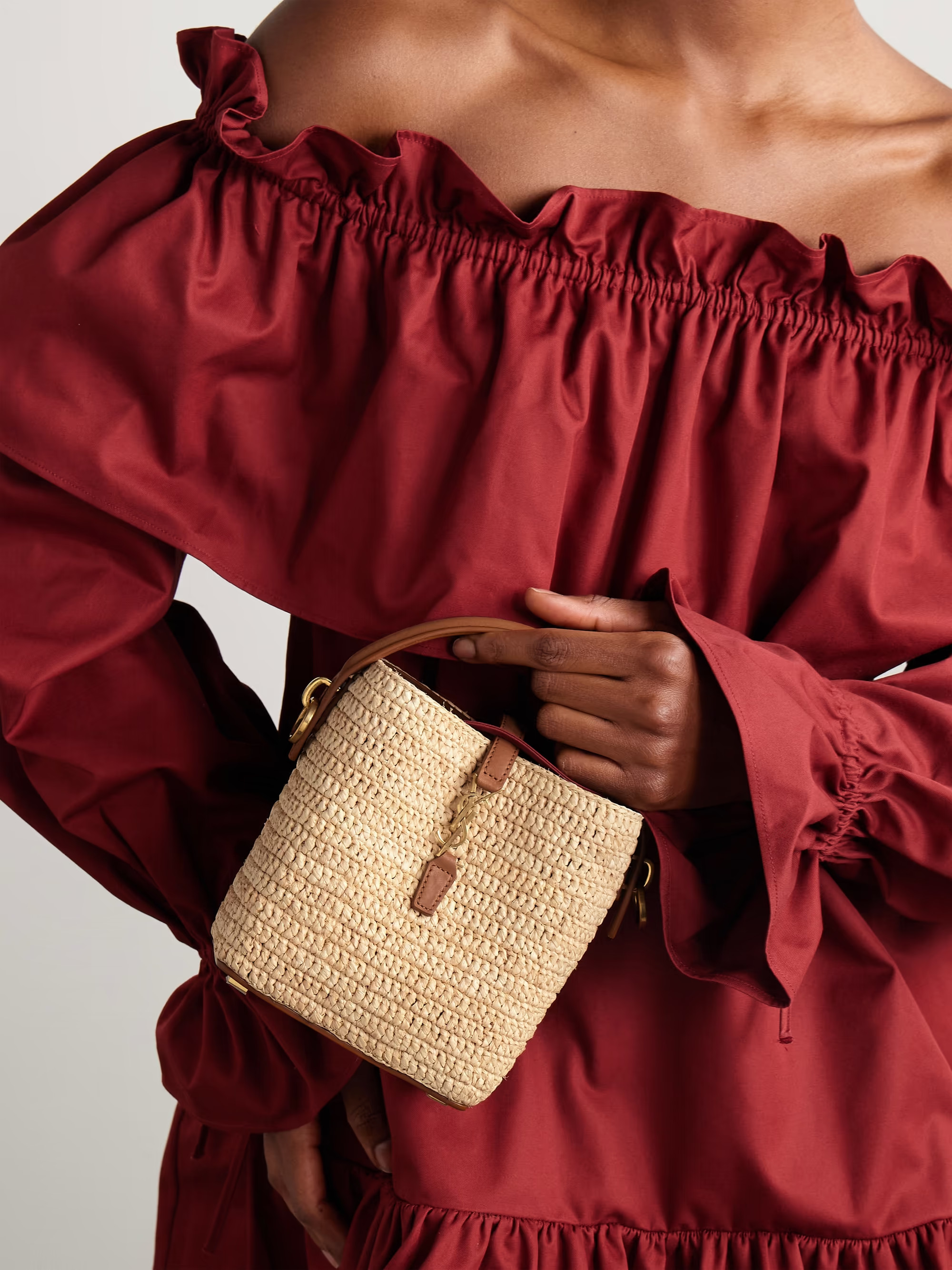 Le 37 mini leather-trimmed raffia bucket bag | NET-A-PORTER (US)