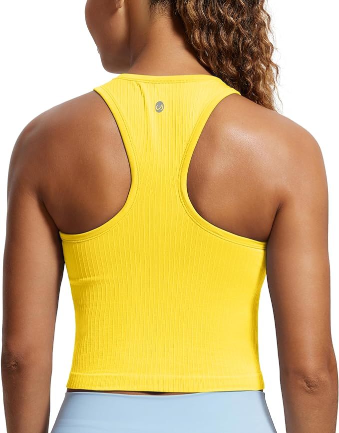 CRZ YOGA Womens Seamless Ribbed Longline High Neck Sports Bra - Racerback Padded Slim Fit Crop Ta... | Amazon (US)