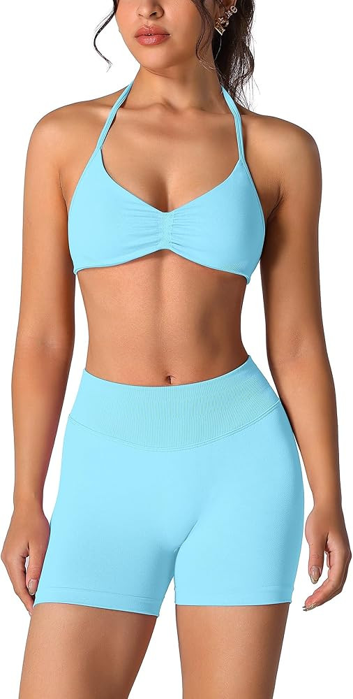 ABOCIW Womens Seamless Workout Sets 2 Piece Strappy Halter Sports Bra Scrunch Butt Shorts Gym Yog... | Amazon (US)