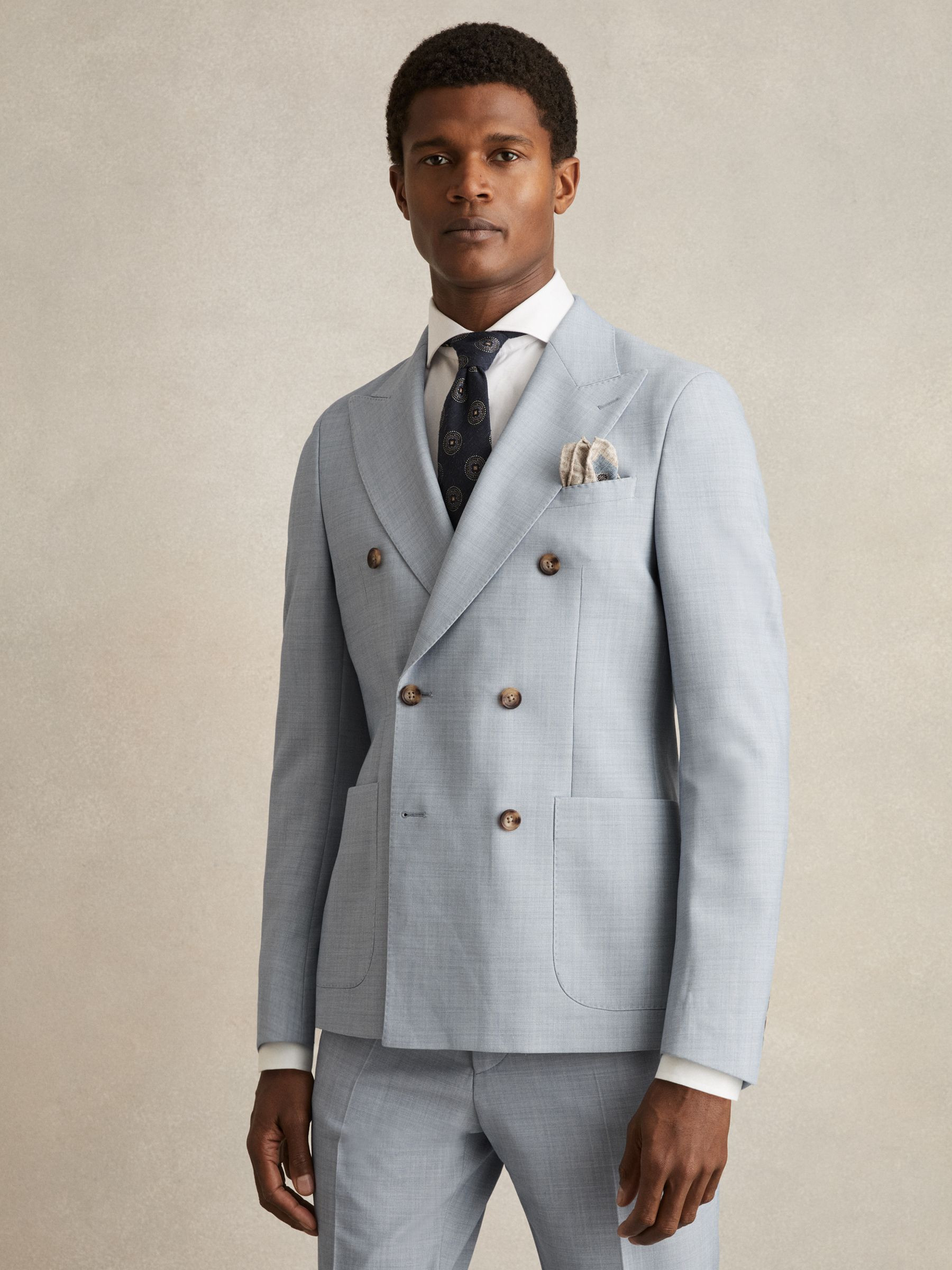 Double-Breasted Textured Suit Blazer With Wool Slim-Fit in Soft Blue | Reiss UK
