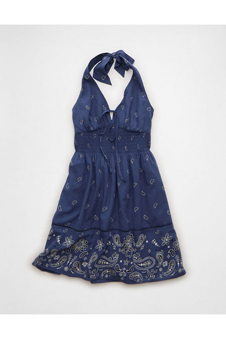 AE Halter Keyhole Mini Dress Women's Navy L | American Eagle Outfitters (US & CA)