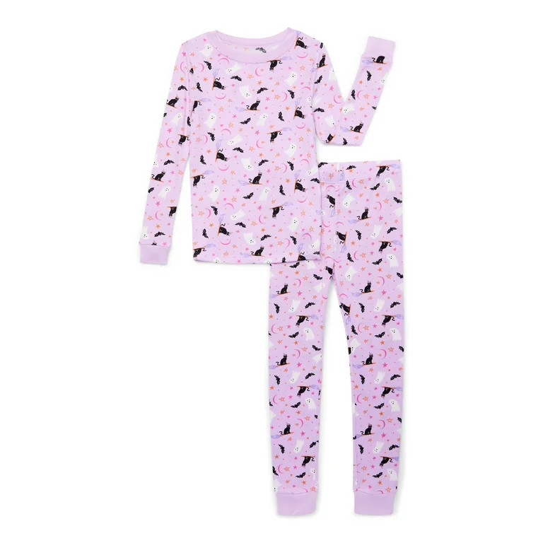 Wonder Nation Girls Halloween Tight Fit Long Sleeve Top and Pant 2 Piece Pajama Set, Sizes 4-10 -... | Walmart (US)