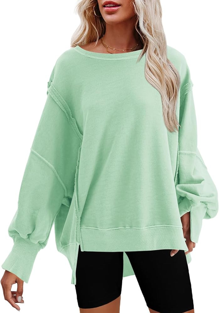 Nirovien Womens Oversized Crewneck Sweatshirt Side Slit Long Sleeve Pullover Slouchy Fit Tops | Amazon (US)