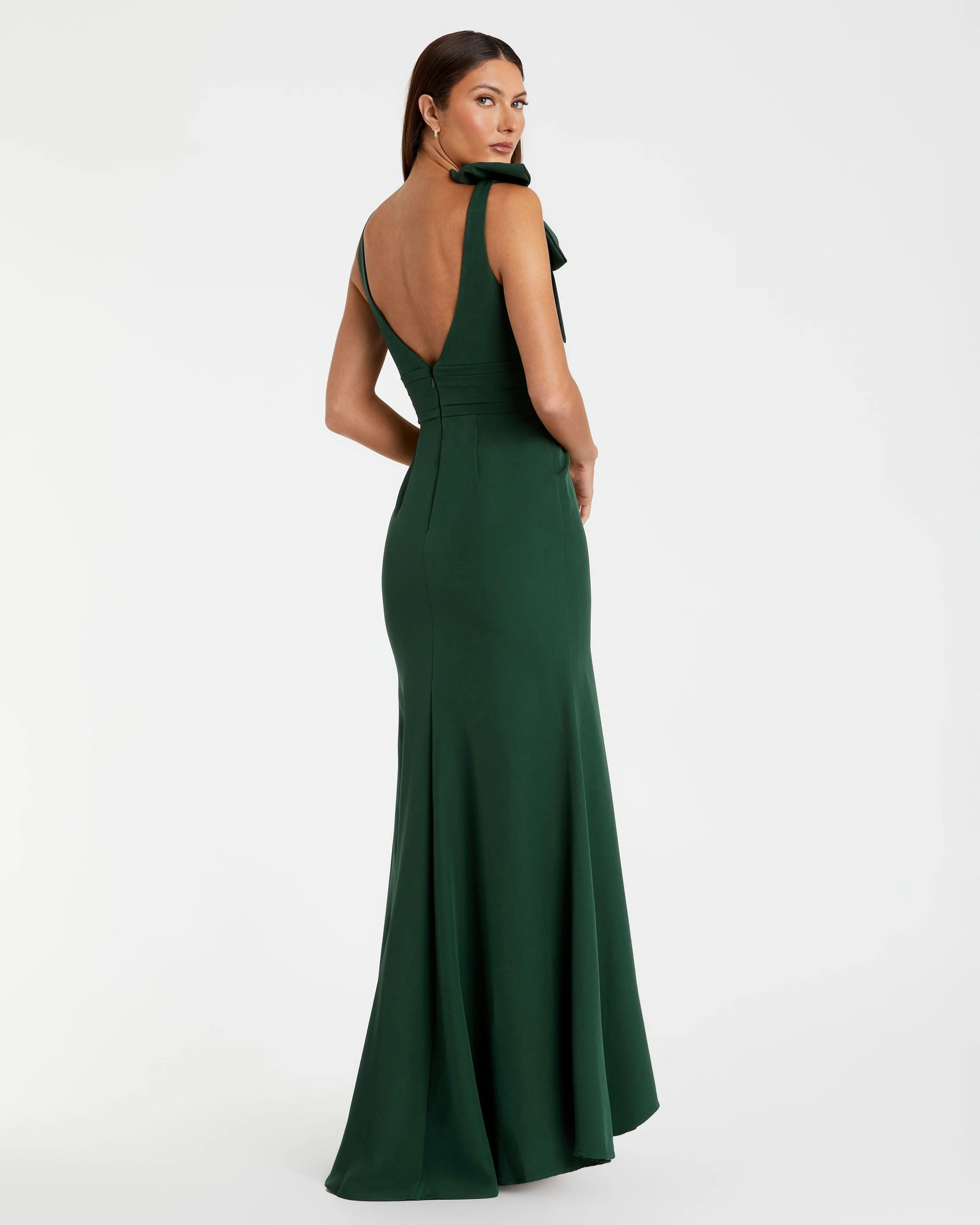 Dark Green Sleeveless V Neck Bow Detail Mermaid Gown | Mac Duggal | Mac Duggal