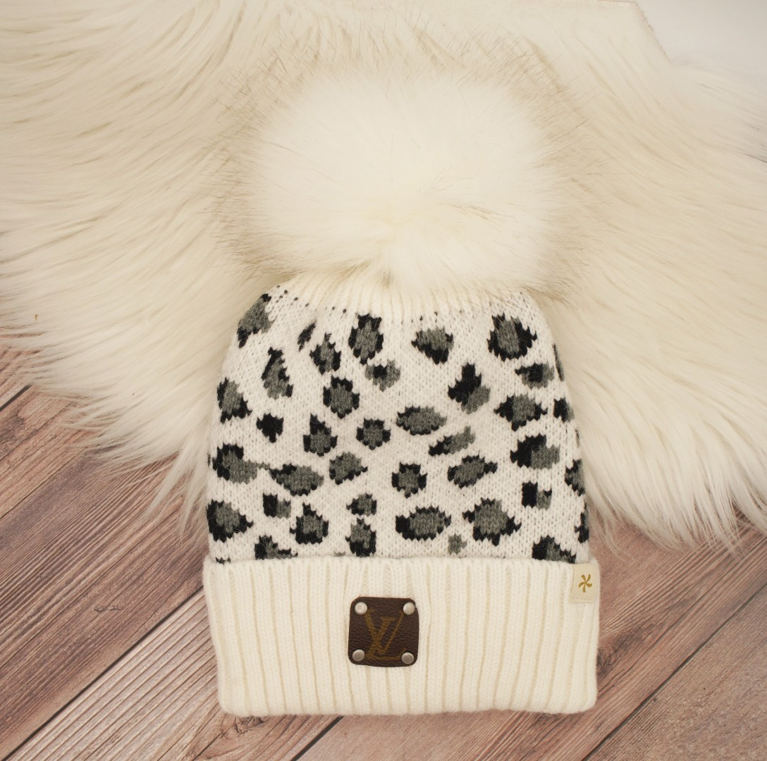 Snow Leopard Pom Pom Beanie with Upcycled LV Monogram Patch | Sparkl