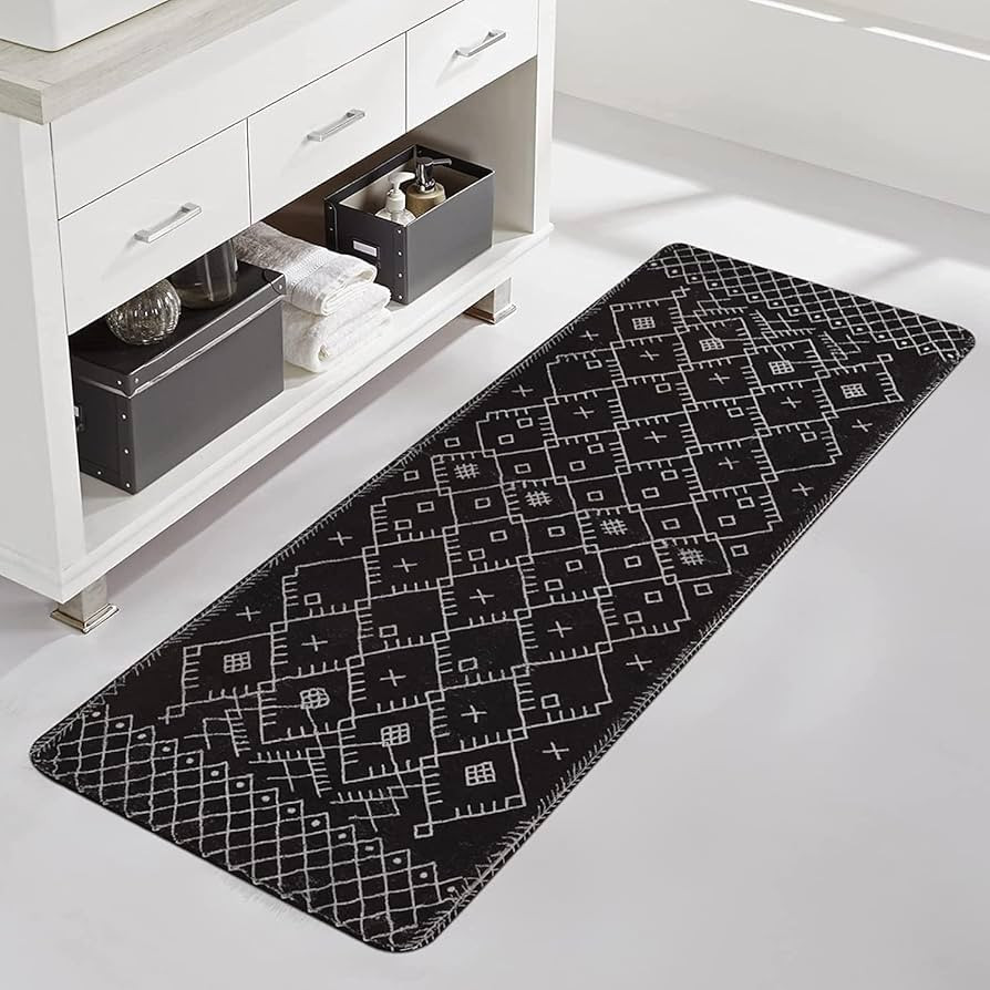 Uphome Bathroom Runner Rug 20x59 inch Black Boho Geometric Long Bathroom Rugs Non-Slip Moroccan F... | Amazon (US)