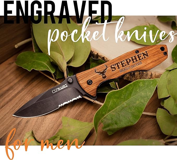Gifts for Men, Personalized Engraved Oak Wood Pocket Knife - 36 Icons, 20 Stylish Font - Custom P... | Amazon (US)