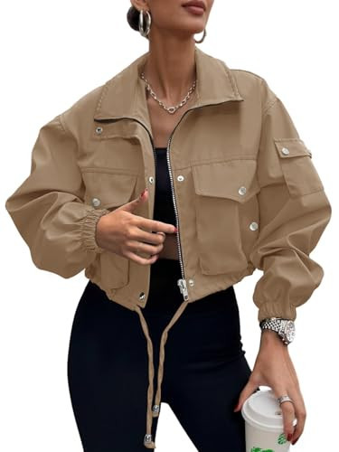UEAL Lightweight Cropped Bomber Jackets for Women Trendy Zip Up Jacket Coat Outfits 2026 Small Khaki A | Amazon (US)