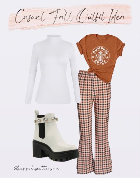 Apple picking outfit, casual fall outfit, fall graphic tee, plaid pants, fall plaid flare pants

#LTKstyletip #LTKunder50