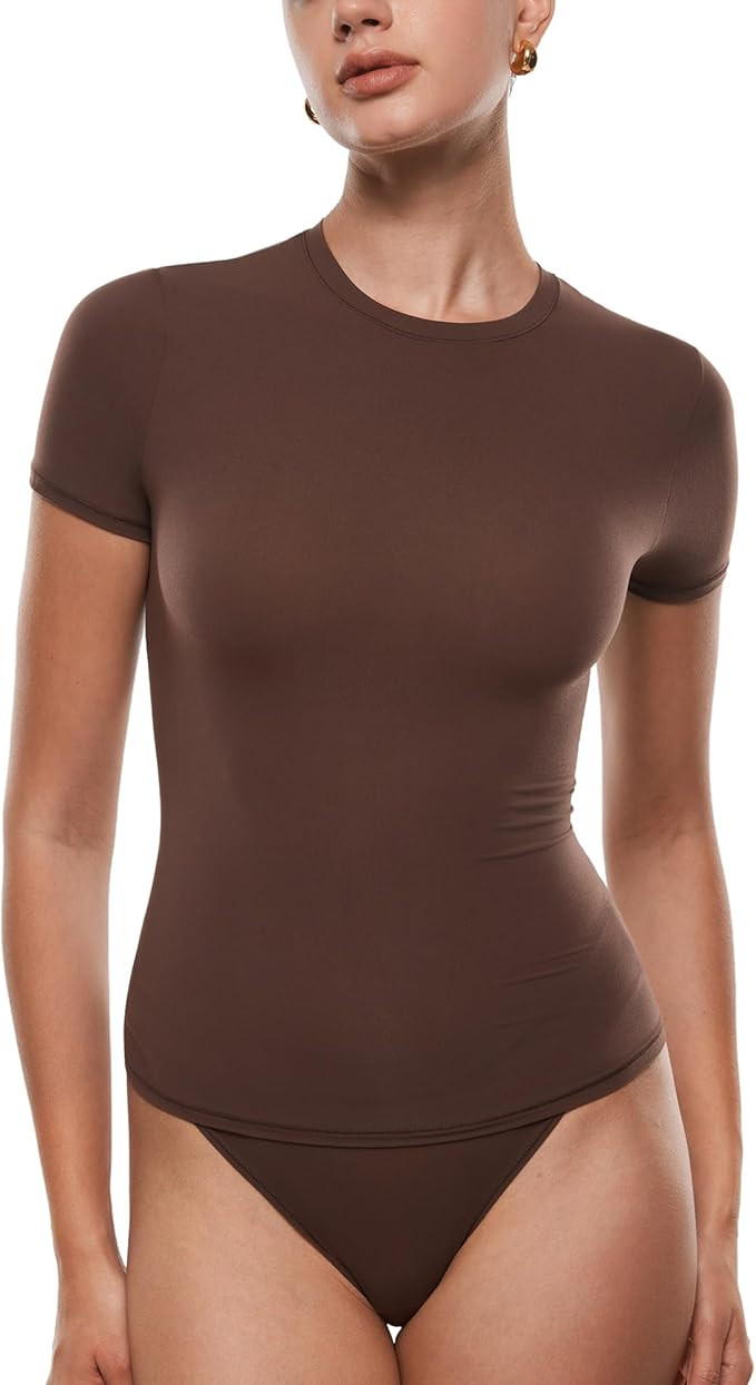 INLYRIC Women's Inbarely Soft Short Sleeve Tops Crew Neck Summer Going Out Tees Basic Slim Fitted... | Amazon (US)