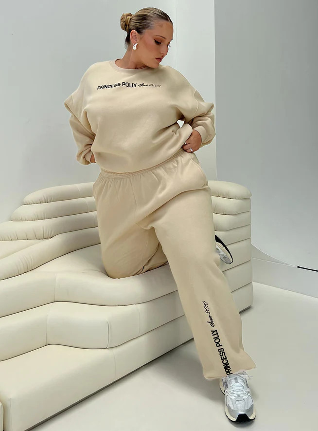 Princess Polly Crew Neck Sweatshirt Block / Cursive Text Stone Curve | Princess Polly US