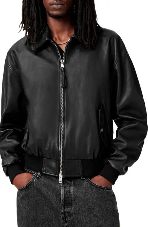 AllSaints Marco Leather Bomber Jacket in Vintage Black at Nordstrom, Size X-Large | Nordstrom