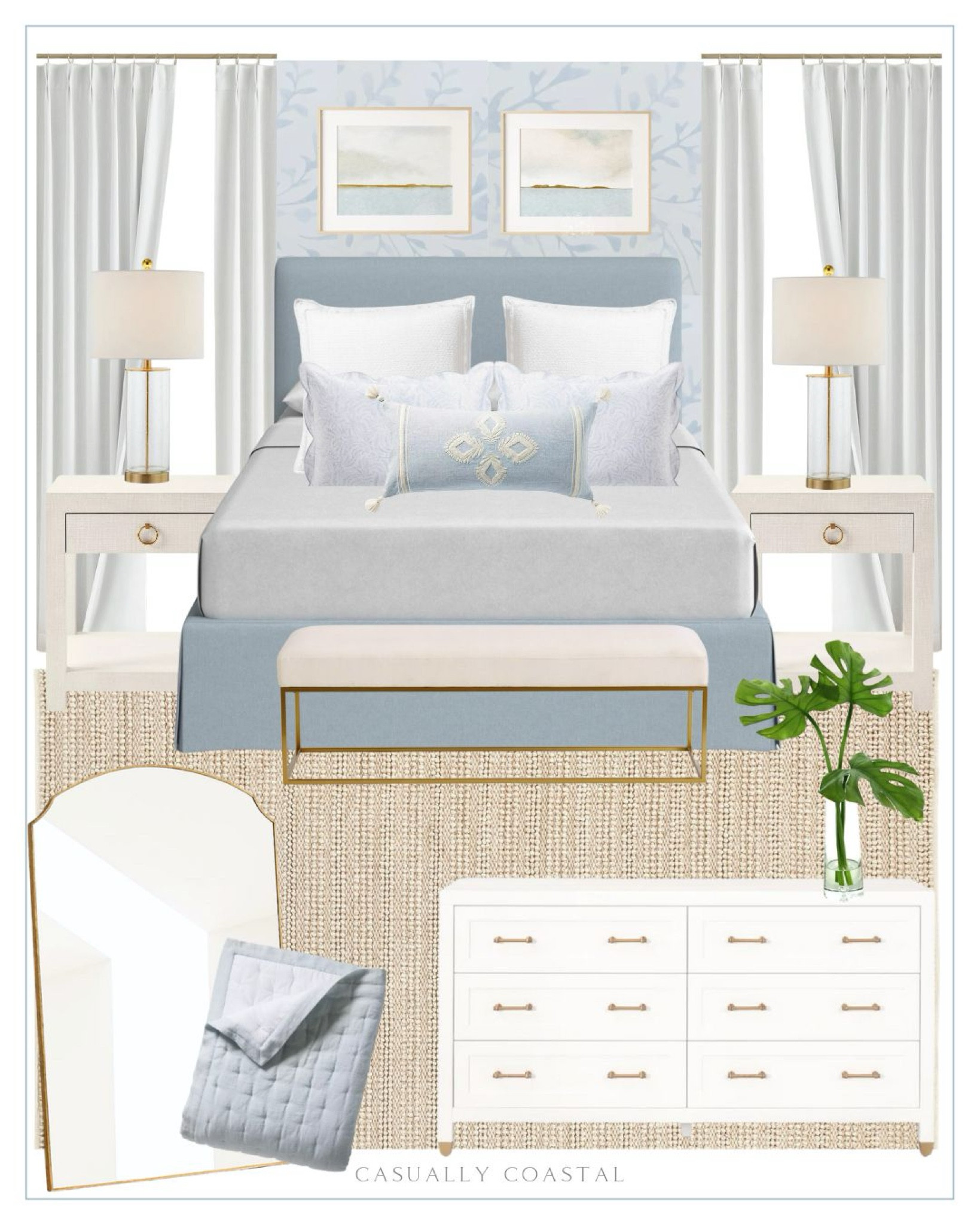 Coastal Primary Bedroom design! Several of these beautiful pieces are currently on sale! 
--------
coastal home decor, coastal bedroom, neutral home, neutral bedroom, coastal style, coastal interiors, neutral rug, coastal rug, coastal bedding, coastal quilt, coastal bed, upholstered low profile platform bed, coastal nightstand, Serena & lily nightstand, 1-drawer nightstand, coastal sham, coastal pillows, Serena & lily priano wallpaper, coastal wallpaper, bedroom wallpaper, blue and white wallpaper. metal glass table lamps, brass floor mirror, linen quilt, blue quilt, 6 drawer dresser, neutral dresser, white dressers, coastal wall art, coastal artwork, upholstered bench, bedroom bench, white euro shams, coastal pillow covers, pillow styling, bedroom decor, chunky ribbed sweater wool rug, palm stems, faux plants, bedroom ideas, beach house decor, beach house bedroom, blue beds, king size beds, queen size beds, 9x12 rugs, 8x10 rugs, bedroom rugs, bedroom artwork

#LTKSaleAlert #LTKFindsUnder100 #LTKHome