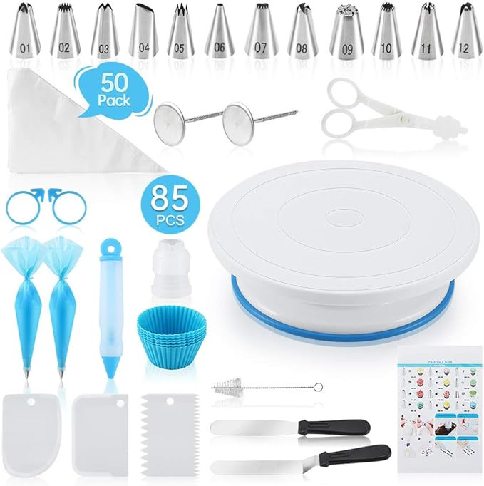 Docgrit Cake Decorating kit- 85PCs Cake Decoration Tools with a Non Slip Base Cake Turntable, 12 ... | Amazon (US)