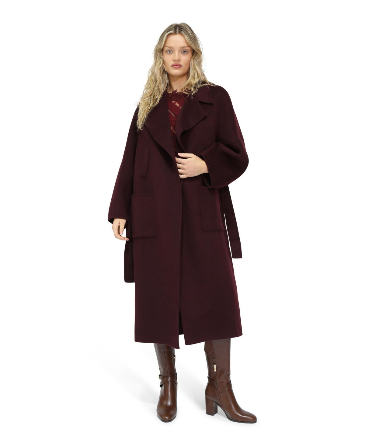 Belle & Bloom Women's Big Girl Belted Wool Blend Coat - Burgundy | Macy's