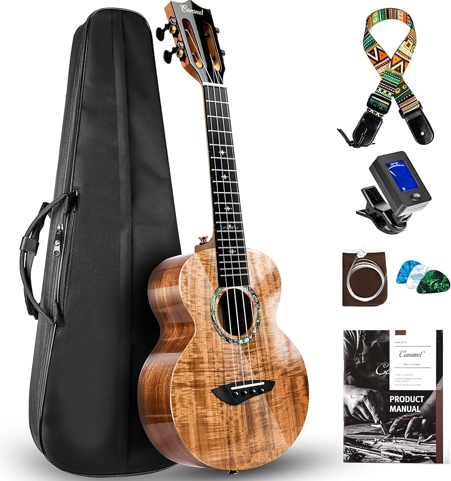 Caramel CAG28 Glossy Curly Acacia 23" Concert Ukulele for Beginner | Handmade Ukelele Starter Kit | Amazon (US)