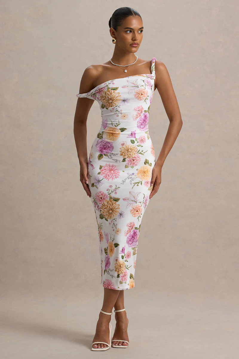Nora  Peach And Lilac Floral Twisted Asymmetric Midi Dress | Club L London