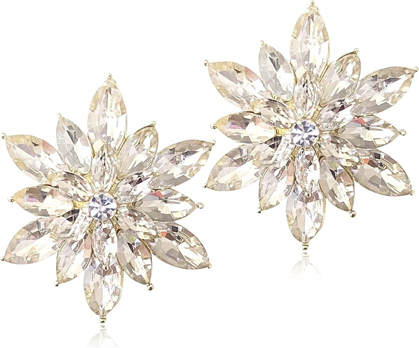 Crystal Flower Burst Stud Earrings - Elegant Hypoallergenic Large Big Sparkly CZ Cubic Zirconia R... | Amazon (US)
