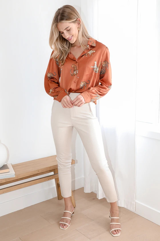 Prowlin' Around Rust Brown Cat Print Long Sleeve Button-Up Top | Lulus (US)