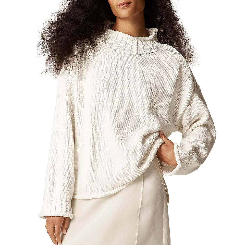 Oversized Sweaters for Women Roll High Neck Hem Long Sleeve Soft Chunky Cable Knit Striped Pullov... | Amazon (US)