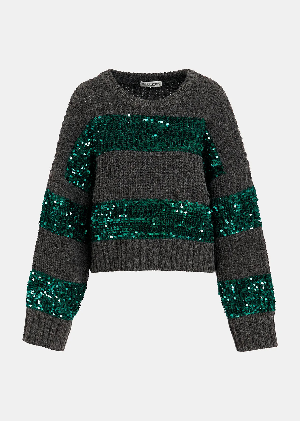 Dark grey and dark green knit sweater with sequin-embellished stripes | Essentiel Antwerp United ... | Essentiel Antwerp