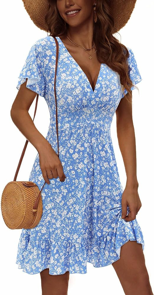 TORARY Womens Summer Dresses 2024 Floral Cap Sleeve Wrap V Neck Ruffle A-Line Sun Dress | Amazon (US)