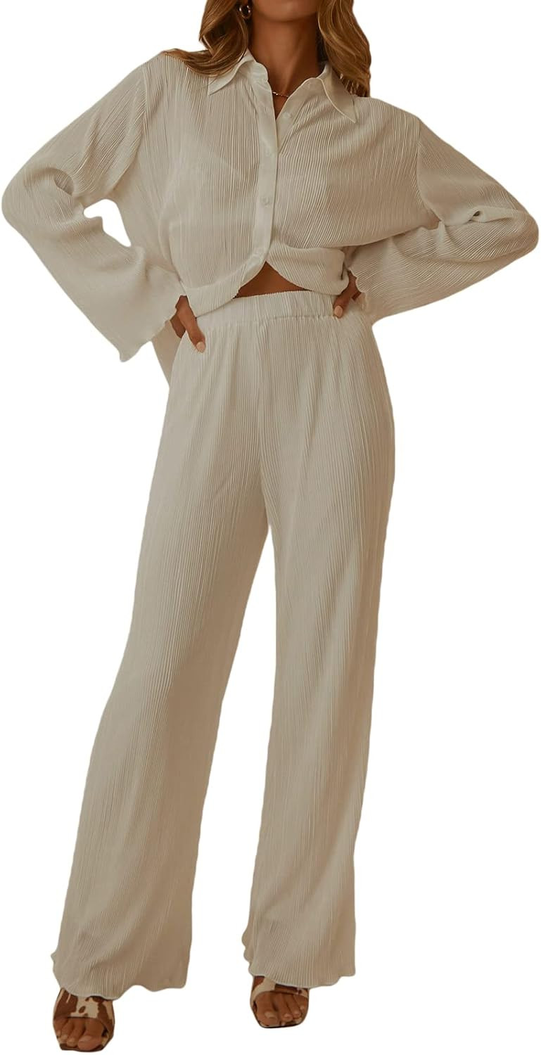 Women's 2 Piece Casual Outfits Long Sleeve Button Down Shirt High Waist Long Pants Loungewear Str... | Amazon (US)