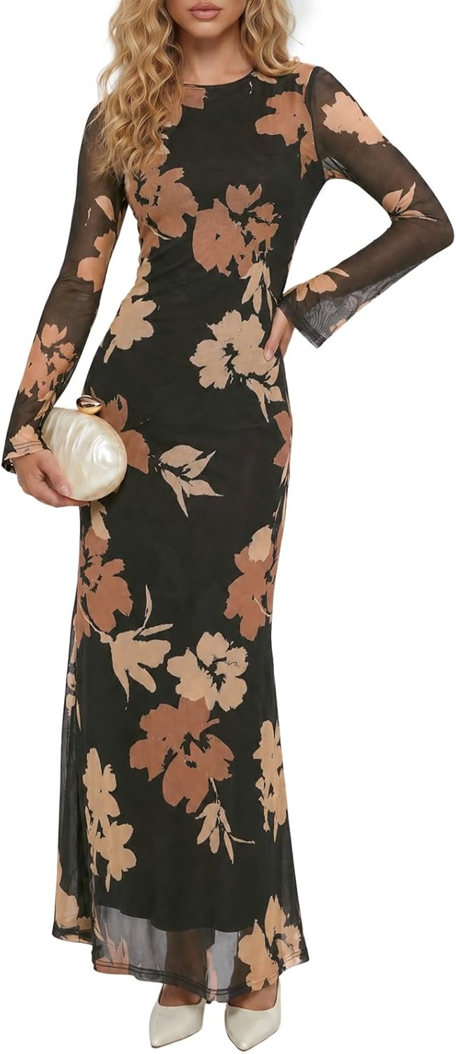 Wenrine Womens Long Sleeve Maxi Dress Floral Mesh Wedding Guest Dresses | Amazon (US)