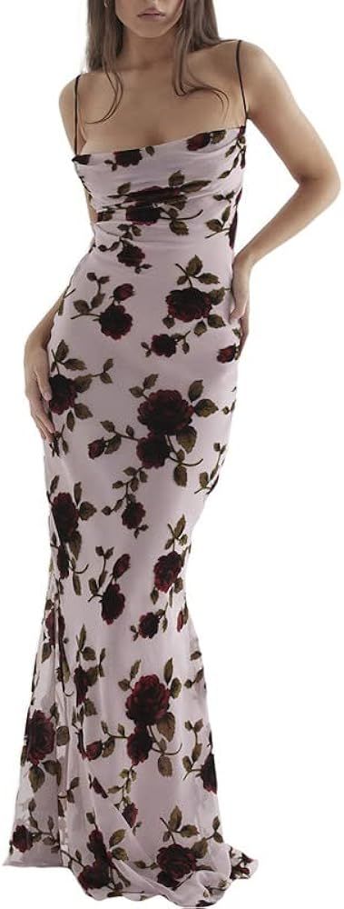 Women Vintage Satin Y2k Dress Low Cut Spaghetti Strap Long Dress Bodycon Backless Maxi Dress Spli... | Amazon (US)
