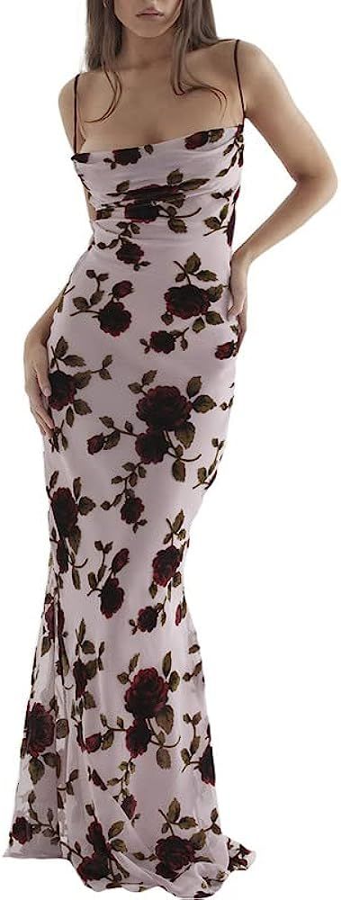 Women Vintage Satin Y2k Dress Low Cut Spaghetti Strap Long Dress Bodycon Backless Maxi Dress Spli... | Amazon (US)