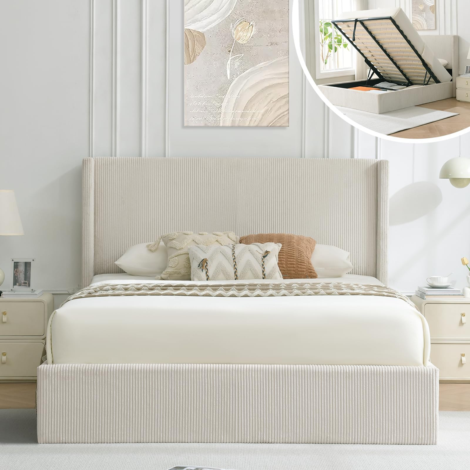 VELOCAVA King Size Lift-Up Storage Bed, Modern Upholstered Corduroy White Bed with Wingback Headb... | Amazon (US)