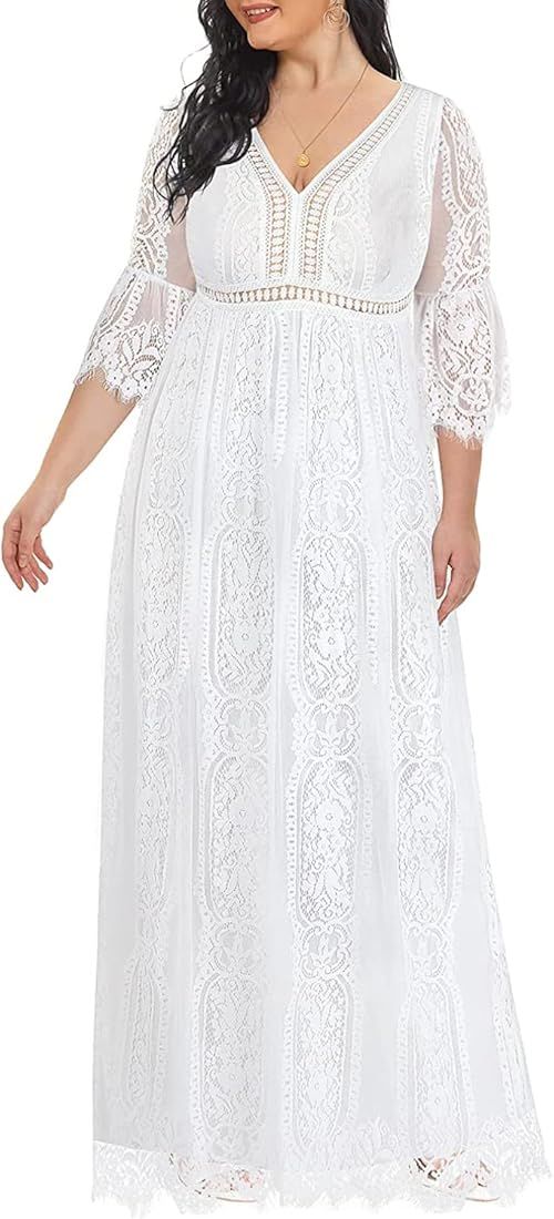 Women's Plus Size Boho Maxi Floral Lace Bohemian Wedding Dress V Neck Flowy Long Party Dresses | Amazon (US)