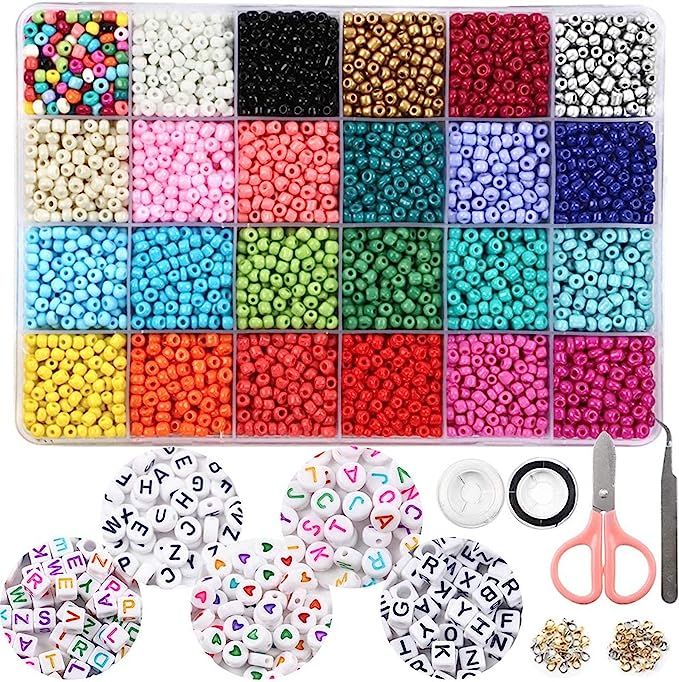 OUTUXED 7200pcs 4mm Glass Seed Beads and 300pcs Alphabet Letter Beads for Bracelets Jewelry Makin... | Amazon (US)