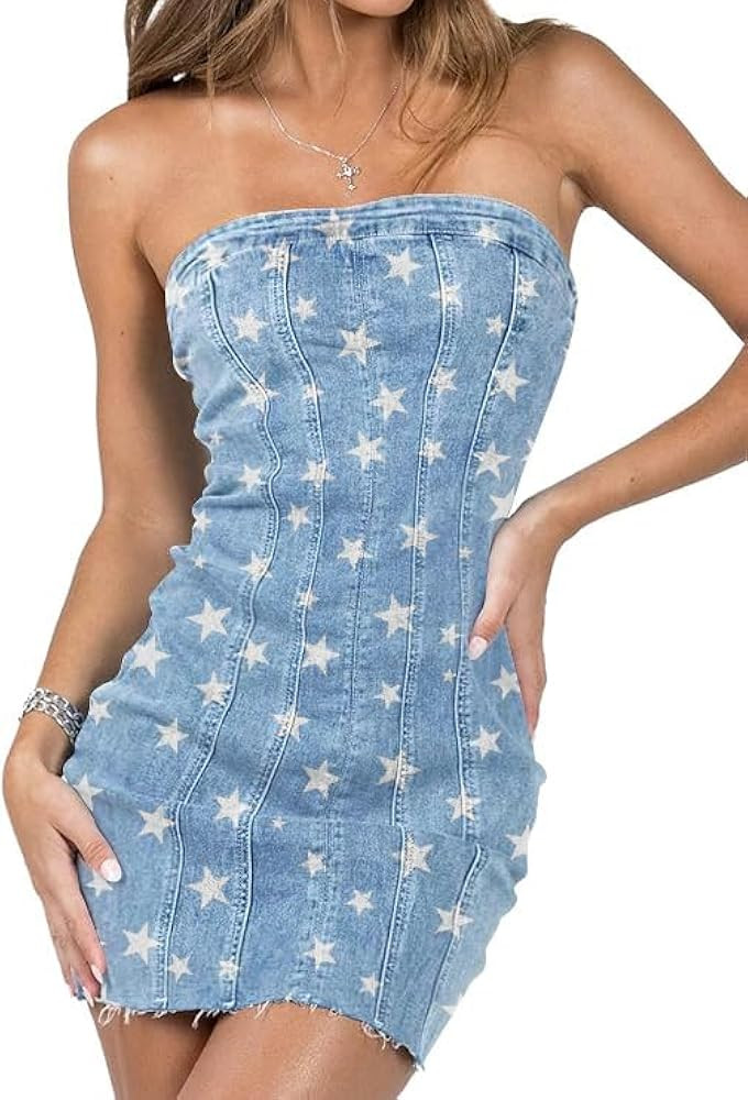 Fronage Women's Sexy Jeans Denim Strapless Dresses Bodycon Corset Tube Mini Dress | Amazon (US)