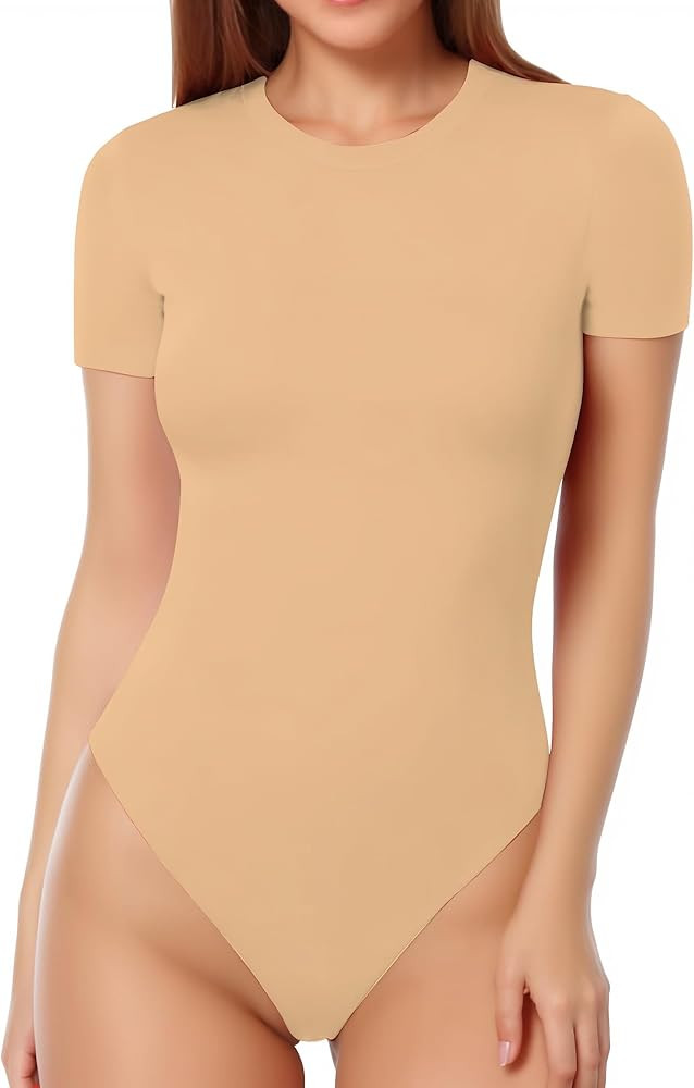 MANGOPOP Women's Round Neck Short Sleeve Bodysuit T Shirts Basic Body Suit Tops | Amazon (US)