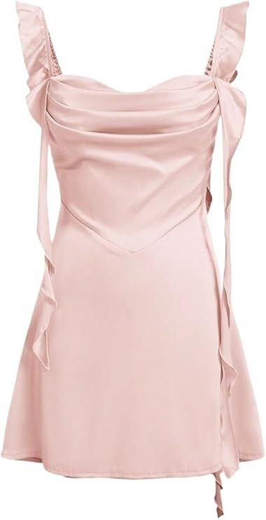 Summer Mini Dresses for Women 2024 Solid Color Pleated Ruffle Hem Open Back Satin Strap Dress | Amazon (US)