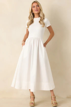 Prosperina Aria White Cotton Short Sleeve Midi Dress | Red Dress