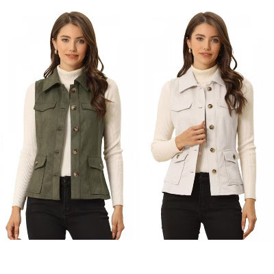 INSPIRE CHIC Women's Buttoned Sleeveless Faux Suede Utility Vest with Cargo Pocket 2 Packs Army Green/Beige Small | Target