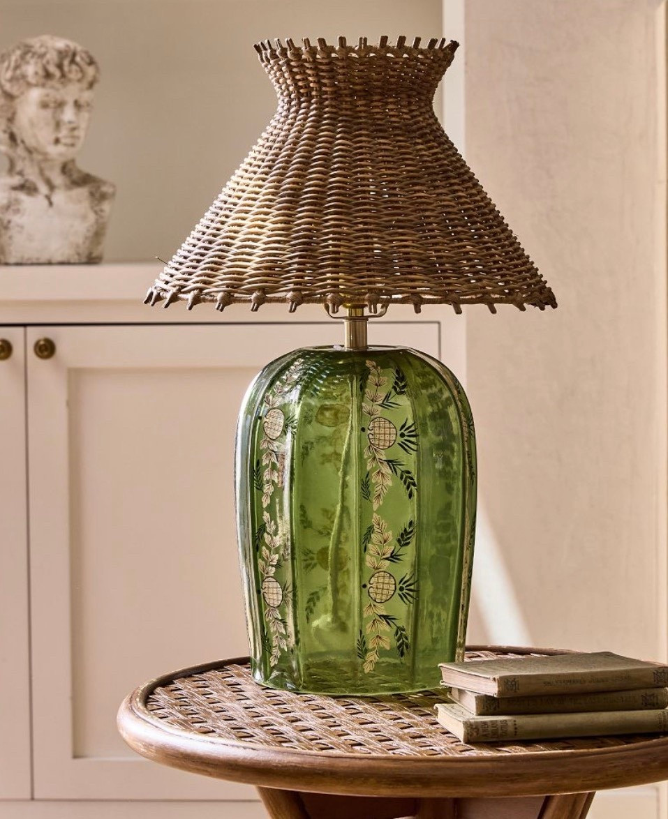 Glass floral lamp base wicker rattan shade 

#LTKOver40 #LTKHome #LTKmomlife