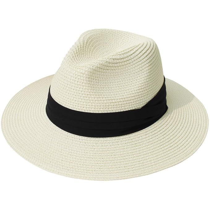 Lanzom Women Wide Brim Straw Panama Roll up Hat Fedora Beach Sun Hat UPF50+ | Amazon (US)