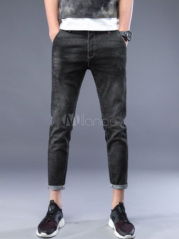 Black Denim Jeans Straight Leg Men Cropped Pant | Milanoo