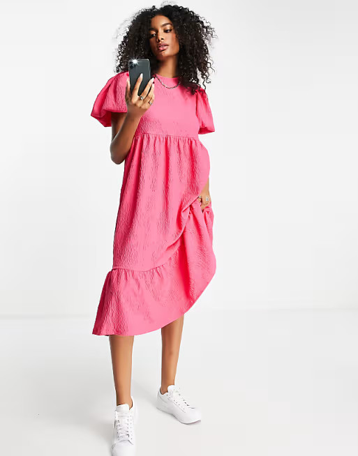 River Island textured tie back volume midi dress in pink | ASOS | ASOS (Global)