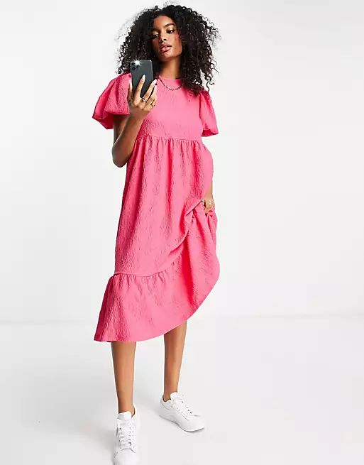River Island textured tie back volume midi dress in pink | ASOS | ASOS (Global)